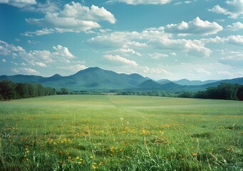 Wall Mural - Green Field With Blue Sky And Mountains