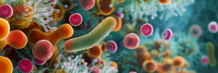 Poster - Microscopic View of Bacteria and Cells - A colorful microscopic view of various bacteria and cells, including a rod-shaped bacteria and spherical cells. - A colorful microscopic view of various bacter