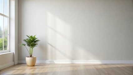 Poster - Minimalist interior with a plain wall and a flower pot by the window, interior, plain wall, flower pot, window, minimalist