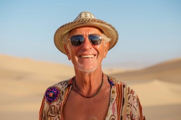 Wall Mural - Portrait of a grinning caucasian man in his 80s donning a trendy cropped top isolated on backdrop of desert dunes