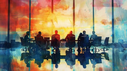 Wall Mural - Silhouettes of Businesspeople Meeting at Sunset - A watercolor-style illustration depicts the silhouettes of seven businesspeople in a meeting, their reflections cast on a table as the setting sun ill