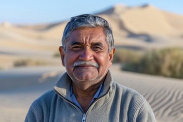 Wall Mural - Portrait of a satisfied indian man in his 60s dressed in a comfy fleece pullover isolated on backdrop of desert dunes