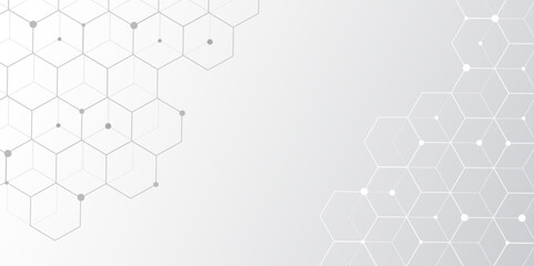Poster - Geometric abstract gradient background with hexagon. Digital abstraction elements with lines and dots. Hexagonal structure molecule and communication background for medicine, science, technology. 