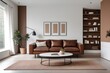 © Bestocker - Living room interior with brown couch and white wall. Generative ai