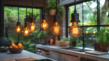 Poster - Transform your kitchen into a sleek urban oasis with concrete countertops, black matte fixtures, and Edison bulb pendant lights for