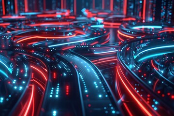 Poster - Futuristic red and blue glowing circuit paths with cybernetic fe