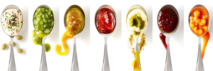 Set of different sauces in spoons isolated on white, top view