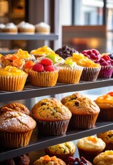 Wall Mural - delicious array freshly baked muffins display bakery window, goods, treats, confectionery, pastry, dessert, selection, shop, tray, gourmet, confection, confections,