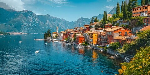 Sticker - Colorful Italian Village on Lake Como with Mountains in the Background