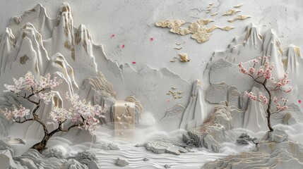 Wall Mural - Volumetric stucco molding on a concrete wall with golden elements, Japanese landscape, waterfall, mountains, sakura. 