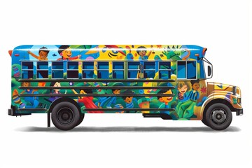 Wall Mural - A school bus covered in a mural of children playing and learning, capturing the essence of the back to school day celebration. 