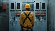© Adi - Back view of a professional electrician standing at the electrical panels-topaz.jpeg, Back view of a professional electricia
