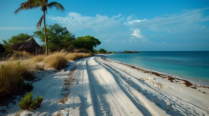 Wall Mural - Sandy beach with palm trees and blue ocean