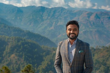 Wall Mural - Portrait of a merry indian man in his 30s wearing a professional suit jacket isolated on panoramic mountain vista