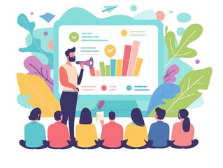 Webinar hosting, speaker and audience, flat design illustration