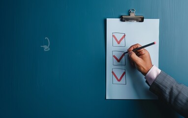 A businessman in a suit marks a checkmark on a digital screen with a white pen, symbolizing approval and agreement.