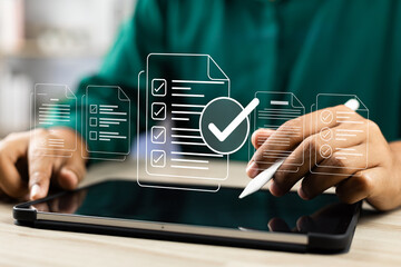 Canvas Print - Business performance monitoring and evaluation concept, Take an assessment, Business man using laptop and tablet online checklist survey, Filling out digital checklist, Questionnaire with checkboxes.