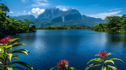 Wall Mural - Mountain lake in a valley with tropical vegetation