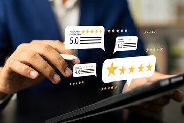 Online customer satisfaction Survey service concept, client rate service from experience in application,Consumer give five-Stars and feedback review for quality, Business reputation ranking from buyer