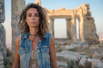 Poster - Portrait of a tender woman in her 40s wearing a rugged jean vest in front of backdrop of ancient ruins