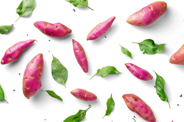 Wall Mural - Pink Sweet Potatoes and Leaves on Transparent Background