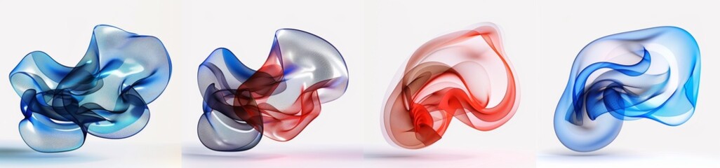 Poster - 3D rendering of four different glass sculptures, with blue and red gradient colors, on a white background, translucent