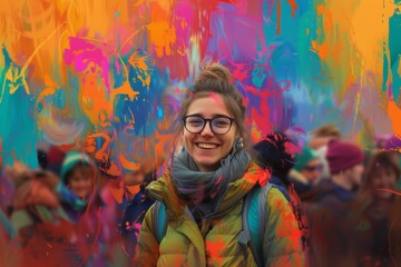 Wall Mural - Portrait of a smiling woman in her 20s dressed in a thermal insulation vest on vibrant festival crowd