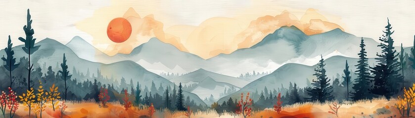 Wall Mural - Mountain hiking trail, flat design style, watercolor illustration, dynamic color scheme, copy space for text