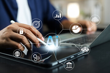 Fototapete - Businessman use artificial intelligence AI technology for enhanced work efficiency data analysis and efficient tools, Unlocking work potential with AI solutions chatbot help solve work problems.