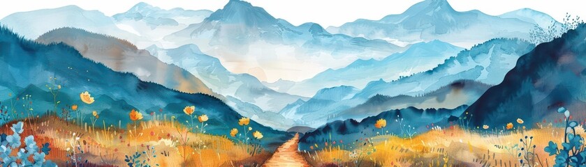 Wall Mural - Mountain hiking trail, flat design style, watercolor illustration, dynamic color scheme, copy space for text