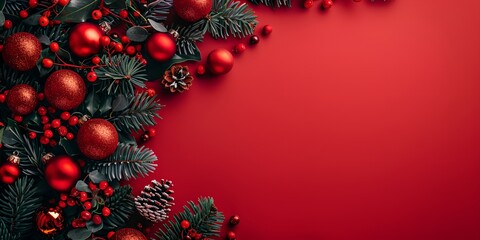 A red background with a bunch of red and green Christmas decorations. The decorations include pine cones, berries, and red balls