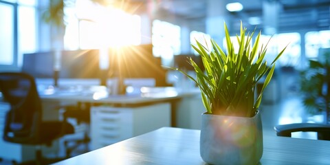 Wall Mural - A potted plant sits on a table in a bright, sunny office. The plant is green and adds a touch of nature to the otherwise sterile environment