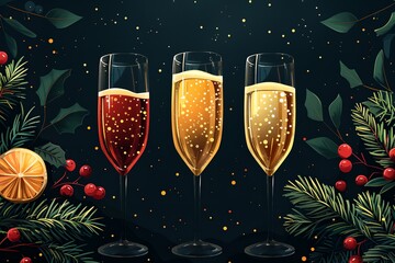 Wall Mural - Three glasses of champagne are on a table with berries and oranges. The glasses are filled with different colored liquids, and the berries and oranges are arranged around them