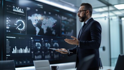 Wall Mural - A man stands in front of a large screen displaying various graphs and data