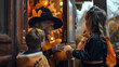 © tiagozr - Children in costumes receiving treats at a house door.