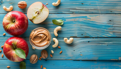 Wall Mural - Fresh red apple with peanut butter and nuts on light blue wooden table, top view