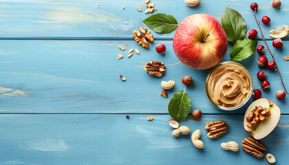 Fresh red apple with peanut butter and nuts on light blue wooden table, top view