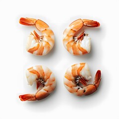 Four Cooked Shrimps on a White Background