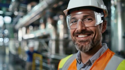 Poster - Happy industrial worker wearing safety gear and smiling in a manufacturing plant. The image captures a positive work environ