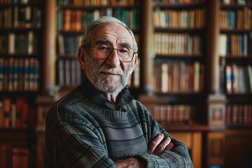 Sticker - Portrait of a tender man in his 70s showing off a thermal merino wool top isolated on classic library interior