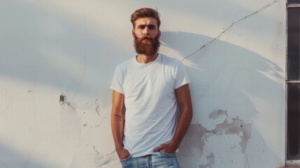 Hipster handsome male model with beard wearing white blank t-shirt with space for your logo or design in casual urban style