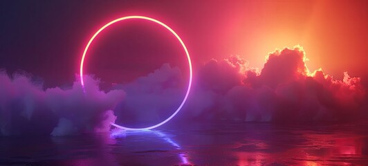 Wall Mural - Looping 3D animation. The glowing neon ring and illuminated thundercloud spin and spin endlessly. Abstract round frame