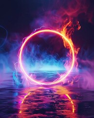 Wall Mural - Looping 3D animation. The glowing neon ring and illuminated thundercloud spin and spin endlessly. Abstract round frame