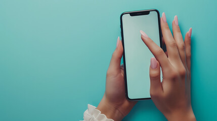 Poster - A woman is holding a cell phone and pointing at the screen.