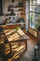 Interior of a modern kitchen with a wooden table and chairs.