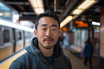 Wall Mural - Portrait of a content asian man in his 30s dressed in a comfy fleece pullover while standing against modern city train station