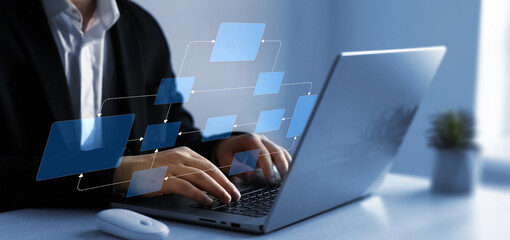 Fototapete - Chart scheme hierarchy management of corporate. Digital technology of business process and workflow automation with flowchart and processing management.