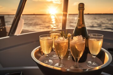 Champagne bottles in ice buckets with champagne glasses to serve to tourists on boats in summer.