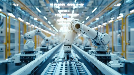 Poster - Advanced High Precision Robot Arms on Fully Automated PCB Assembly Line Inside Modern Electronics Factory. Electronic Devices Production Industry. copy space for text.