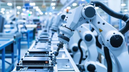 Poster - Advanced High Precision Robot Arms on Fully Automated PCB Assembly Line Inside Modern Electronics Factory. Electronic Devices Production Industry. copy space for text.